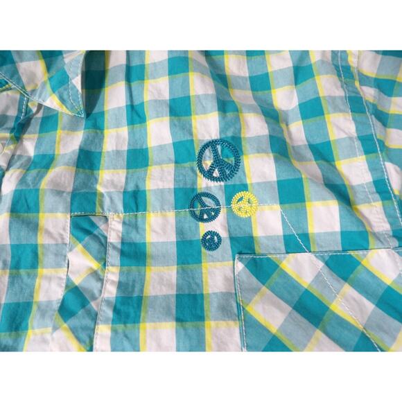 Akademiks Shirt XL Plaid Teal Yellow White Button Up Y2K Hip Hop Colorful Logo C - Picture 8 of 13